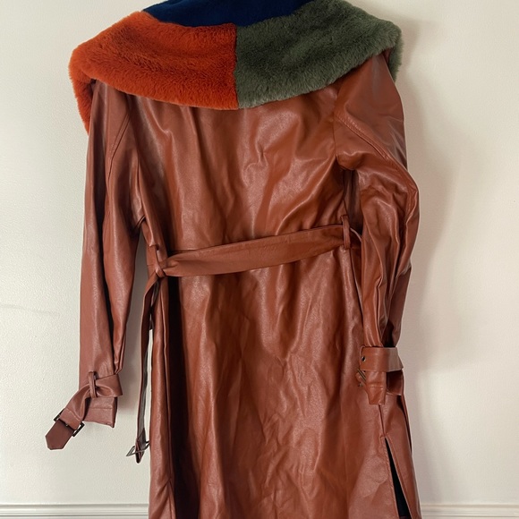 On Twelfth Fur Collar Brown Pleather Belted Long Jacket with Gold Accents - Picture 7 of 11